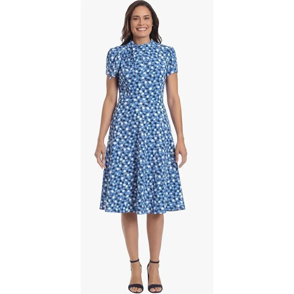 London Times Women's Petite Polished Crepe Tie Neck A-line Dress